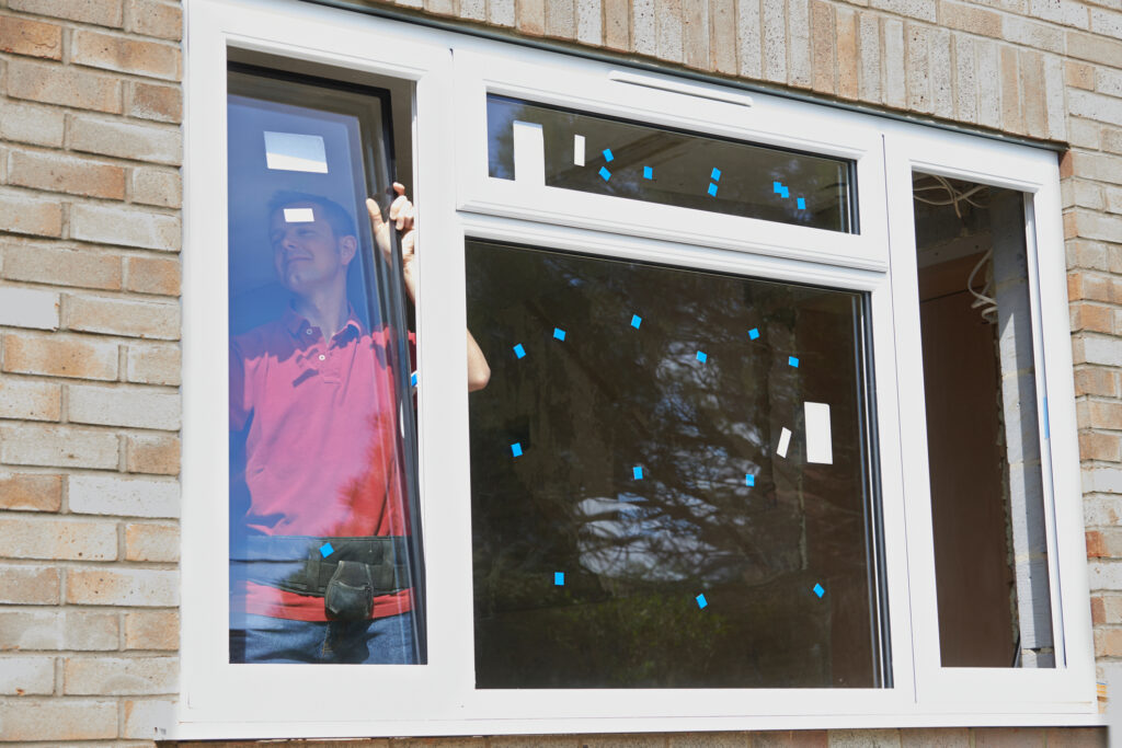 Window installer replacing window in a home with tan brick - Window Replacement Cost 2026 OKC - Consolidated Builders Supply