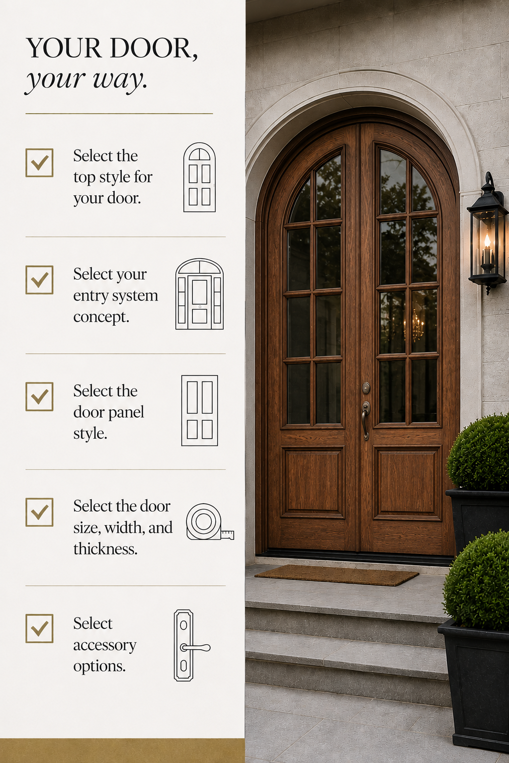 Custom Wood Prescott Door mockup with checklist of process for ordering a custom door - ChatGPT Image - Consolidated Builders Supply