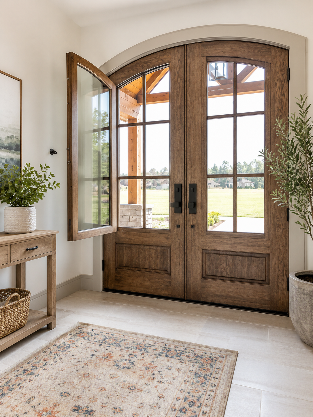 Bright farmhouse entryway with French doors. DSA Door interior shot mockup - ChatGPT Image - Consolidated Builders Supply