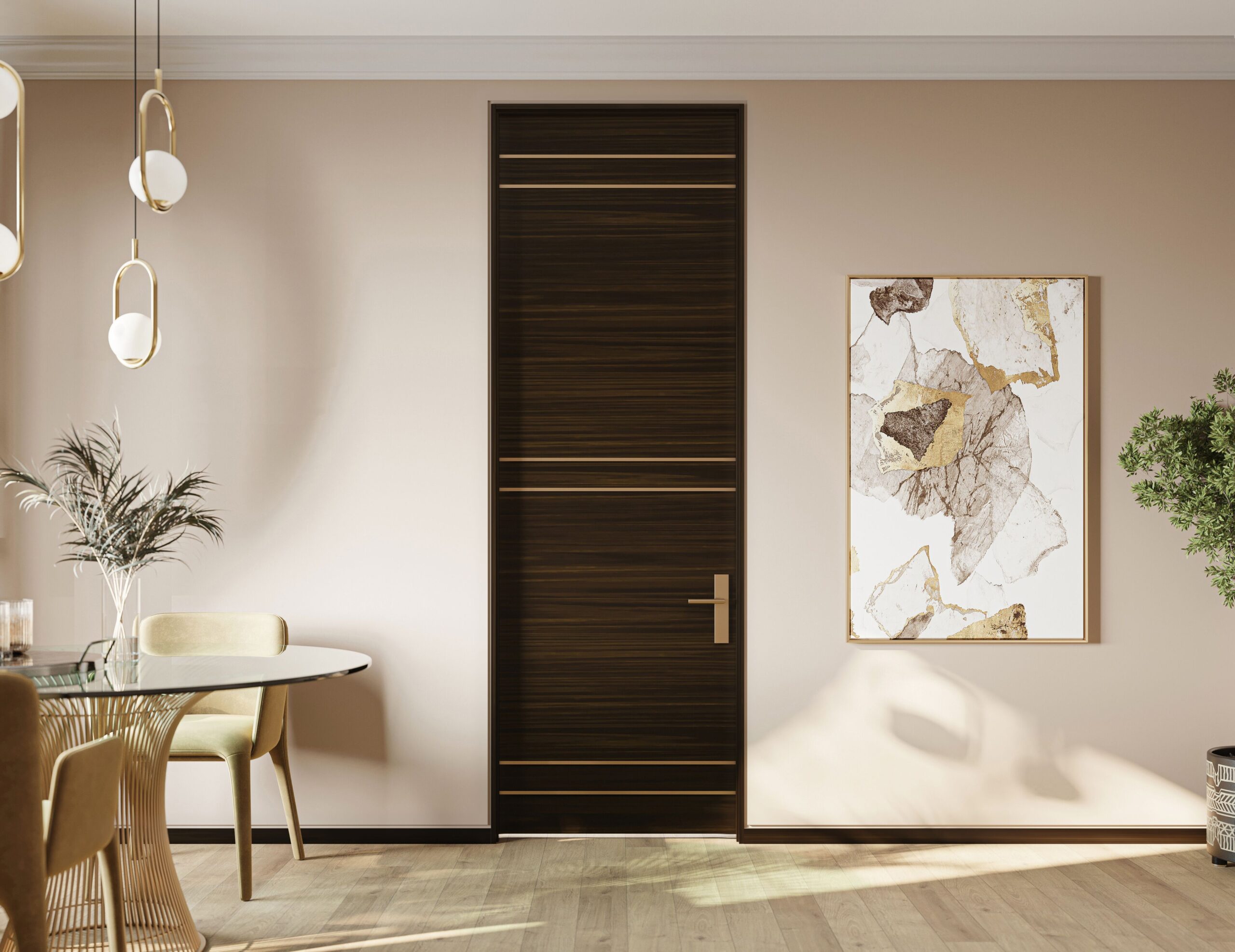 TruStile Modern_BrushedBrassInlay_Mahogany-Espresso Interior Wood Door - Available at Consolidated Builders Supply in OKC.