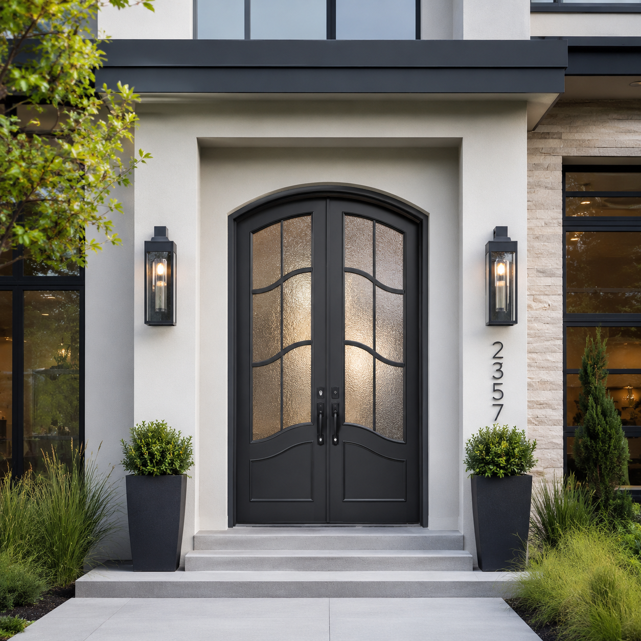 Modern home entry with stylish doors. Monte Cristo Ironworks mockup - ChatGPT Image - Consolidated Builders Supply