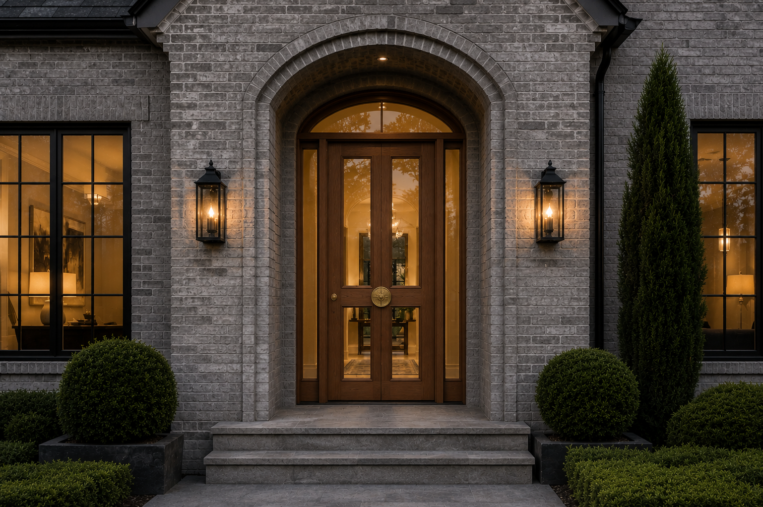 Beautiful wood door like found from Prescott Industries on a gray brick home. Consolidated Builders Supply Oklahoma City.