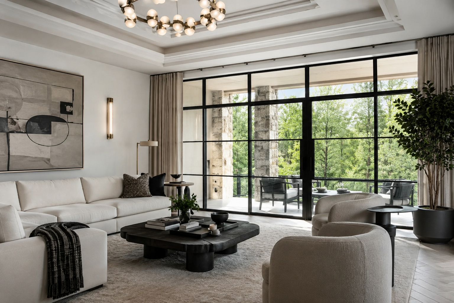 Modern luxury living room with greenery and large steel framed window similar in style to Titoni - AI generated - Consolidated Builders Supply